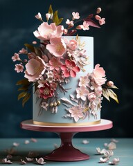 Wall Mural - Illustration of a blue and white cake adorned with delicate pink flowers on top created with Generative AI technology