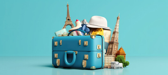 Creative summer beach composition in suitcase on blue background. travel concept idea.