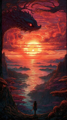 Wall Mural - Sunset scene by the sea, painting effect