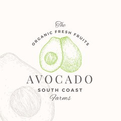 Wall Mural - Avocado Badge Logo Template. Hand Drawn Fruit Sketch with Retro Typography. Premium Plant Based Vegan Food Emblem Isolated