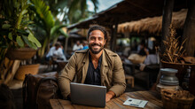 Joyful ethnic man working remotely from a tropical beach, ethnic man working, business Generative AI