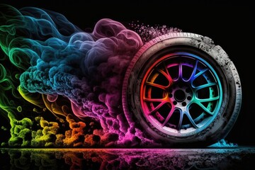 Poster - Car wheel with colorful smoke on black background