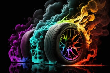 Poster - Car wheel with colorful smoke on black background