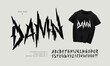 © VRTX - Y2k Damn Dark Lettering tattoo type font for tee print design. Trendy type font concept for Gothic Punk Rock and Death Rock print design. Rock style print design with t-shirt vector mockup