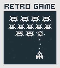 Poster - Geek Poster Space Arcade in 8-bit retro video game style.  Simple 8 bit game with flat pixel graphics of spaceship shoots at the monsters.  Vector illustration
