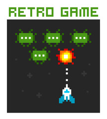 Poster - Geek Poster Space Arcade in 8-bit retro video game style. Simple 8-bit pixel graphics scene of spaceship shoots at the green aliens. Vector illustration
