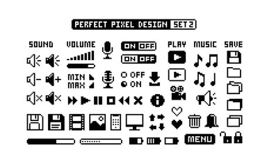 Poster - 8-bit Game pixel graphics icons Set 2. Perfect pixel icons of, media player buttons, computer icons, music notes, sound volume, scale, media. Retro Game art. Isolated vector