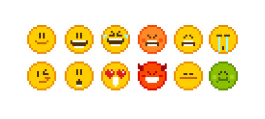 Poster - 8-bit  Pixel emotions icons in retro video game style - isolated vector illustration. Funny Geek emoticons in flat style. Pixel art set of emoticon face icons in 8 bit video game style