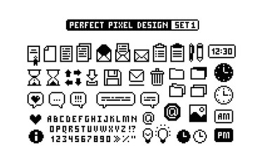 Wall Mural - 8-bit Game pixel graphics icons Set 1. Perfect pixel icons of, dialog bubbles, pixel font. Office organizer icons set of folder, document, task, letter envelope. Retro Game art. Isolated vector