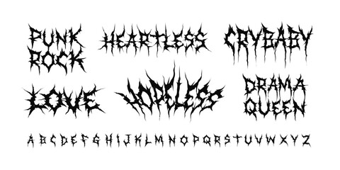 Poster - Y2k Dark Lettering tattoo vector type font. Grunge style type font with Gothic print designs of Love, Crybaby, Punk Rock, Drama Queen. Ghotic tattoo font concept. Rock n Roll style lettering