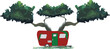 the green and red trailer is parked under the trees with a tree on it-