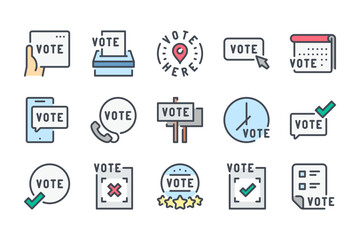 Poster - election and voting color line icon set. ballot box, electoral vote and political poll linear icons.