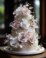 Wall Mural - Illustration of a three tiered wedding cake adorned with pink and white flowers created with Generative AI technology