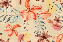 Seamless Pattern Flower With Watercolor.Designed For Fabric And Wallpaper, Vintage Style.Blooming Orange Floral Painting For Summer.Flower Freesia Background.Botanical Autumn Background.