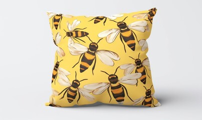 Poster -  a yellow pillow with a bunch of bees on the front and back of the pillow is a yellow background with white and black bees on the front of the pillow.  generative ai