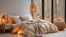 The Artistry Of Interior Design, A Bed With Candles And Lanterns In Autumn Color Scheme