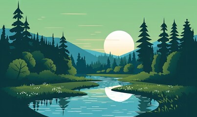 Sticker -  a painting of a river in a forest with a sun setting in the background and trees in the foreground and a mountain range in the background.  generative ai