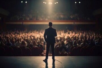 Back view of a motivational speaker standing on stage, Generative AI