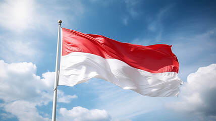 red and white Indonesian flag waving at the blue sky generative ai