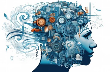 Poster - human big data visualization. Futuristic artificial intelligence concept. Aesthetic cyber mind design. machine learning. Complex data streams in the form of a head and binary data.