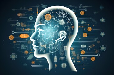 Poster - human big data visualization. Futuristic artificial intelligence concept. Aesthetic cyber mind design. machine learning. Complex data streams in the form of a head and binary data.