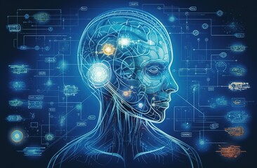 Poster - human big data visualization. Futuristic artificial intelligence concept. Aesthetic cyber mind design. machine learning. Complex data streams in the form of a head and binary data.