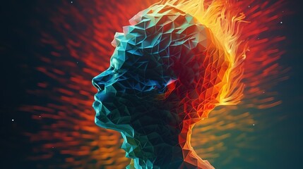 Poster - human big data visualization. Futuristic artificial intelligence concept. Aesthetic cyber mind design. machine learning. Complex data streams in the form of a head and binary data.