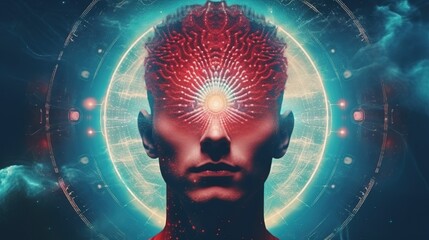 Poster - human big data visualization. Futuristic artificial intelligence concept. Aesthetic cyber mind design. machine learning. Complex data streams in the form of a head and binary data.