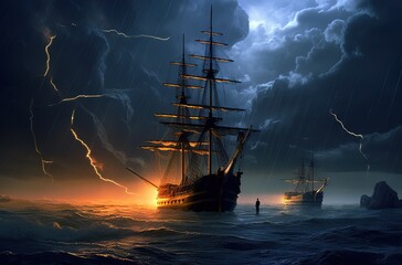 Wall Mural - Ship lighthouse storm waves sea