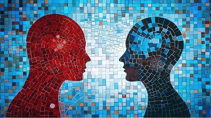 Poster - human big data visualization. Futuristic artificial intelligence concept. Aesthetic cyber mind design. machine learning. Complex data streams in the form of a head and binary data.