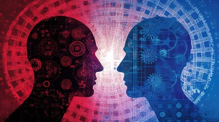 Poster - human big data visualization. Futuristic artificial intelligence concept. Aesthetic cyber mind design. machine learning. Complex data streams in the form of a head and binary data.
