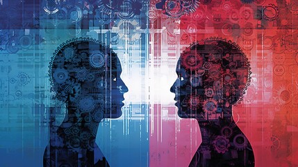Poster - human big data visualization. Futuristic artificial intelligence concept. Aesthetic cyber mind design. machine learning. Complex data streams in the form of a head and binary data.