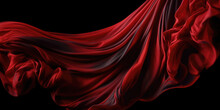 Red Drape Falling Like Wings Isolated On Flat Black Background. Beautiful Red Fabric With Pleats Floats In Air. The Texture Of The Burgundy Fabric Sweeps. Generative AI Photo Imitation. 