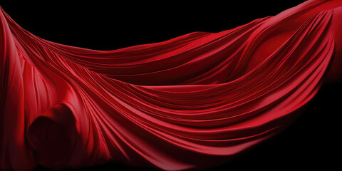red drape falling like wings isolated on flat black background. a beautiful red fabric with pleats f