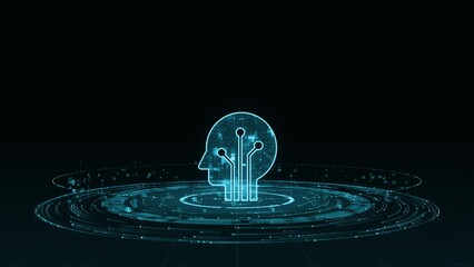 Wall Mural - Motion graphic of Blue digital Robot logo with particle ring circle rotation and ai technology icon on futuristic abstract background artificial intelligence technology and machine learning concepts