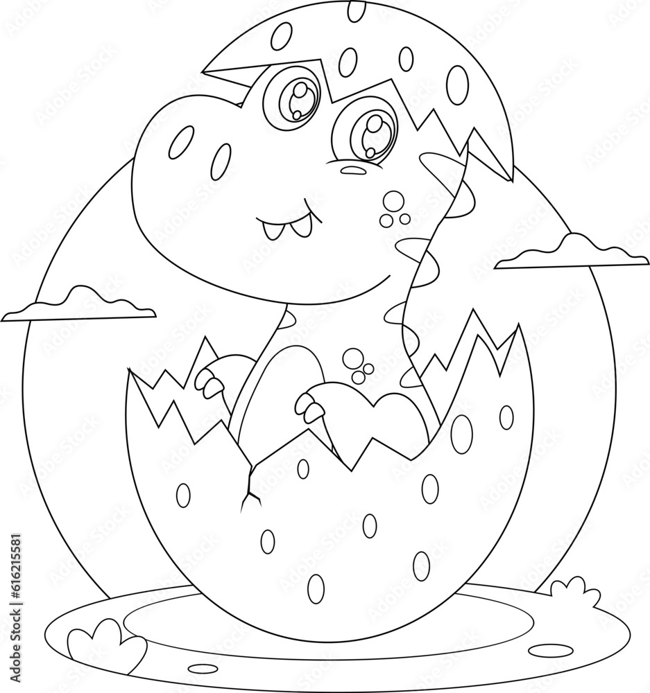 Outlined Cute Baby Dinosaur Cartoon Character Hatching From Egg. Vector ...
