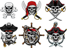 Pirate Skull Graphic Logo Design. Vector Hand Drawn Collection Set Isolated On Transparent Background