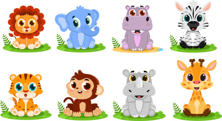 Wall Mural - Cute Baby Safari Animal Cartoon Characters. Vector Flat Design Collection Set Isolated On Transparent Background