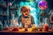 © Postproduction - Little girl conducting science experiment in laboratory, surrounded by bubbling beakers and colorful chemical reactions