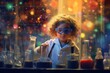 © Postproduction - Little girl conducting science experiment in laboratory, surrounded by bubbling beakers and colorful chemical reactions