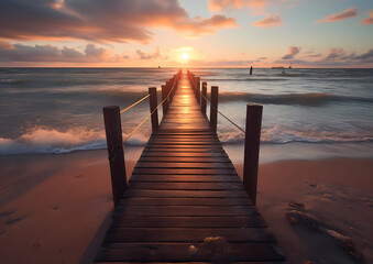 Wall Mural - pier at the beach, nice sunset over the ocean with dock