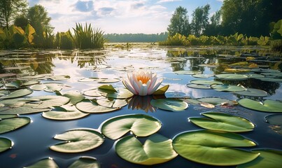  a water lily in a pond with lily pads on the water and trees in the background with a blue sky with clouds and a few clouds.  generative ai