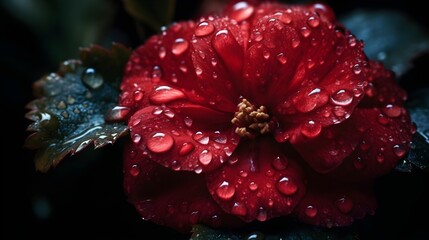 Wall Mural - Beautiful close up wet red Japanese Camelia flower with some leaves and some water droplet looks fresh in the nature background. Generative AI technology.