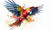 Illustration art watercolor of Red Scarlet Macaw bird with colorful feather flying isolated on white background. Generative AI technology.