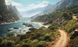  a scenic view of a river and a dirt road with a person walking on the side of the road on the other side of the river.  generative ai