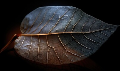  a close up of a leaf on a black background with a light shining on it and a shadow of a leaf on the left side of the leaf.  generative ai