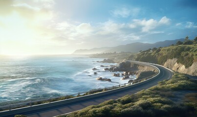 Poster -  a scenic view of the ocean and a highway with a view of a cliff and a body of water on the other side of the road.  generative ai