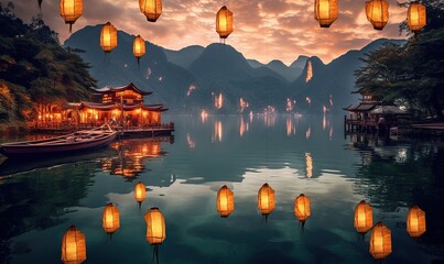 Sticker -  lanterns floating on a lake with a boat in the water and mountains in the background at dusk with a cloudy sky and mountains in the background.  generative ai