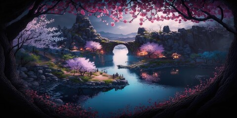 Wall Mural - Fantasy magical landscape with pink blossoms and blue lagoon lake. superlative generative AI image.