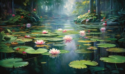 Wall Mural -  a painting of water lilies in a pond with lily pads in the foreground and a waterfall in the background with trees and bushes in the background.  generative ai